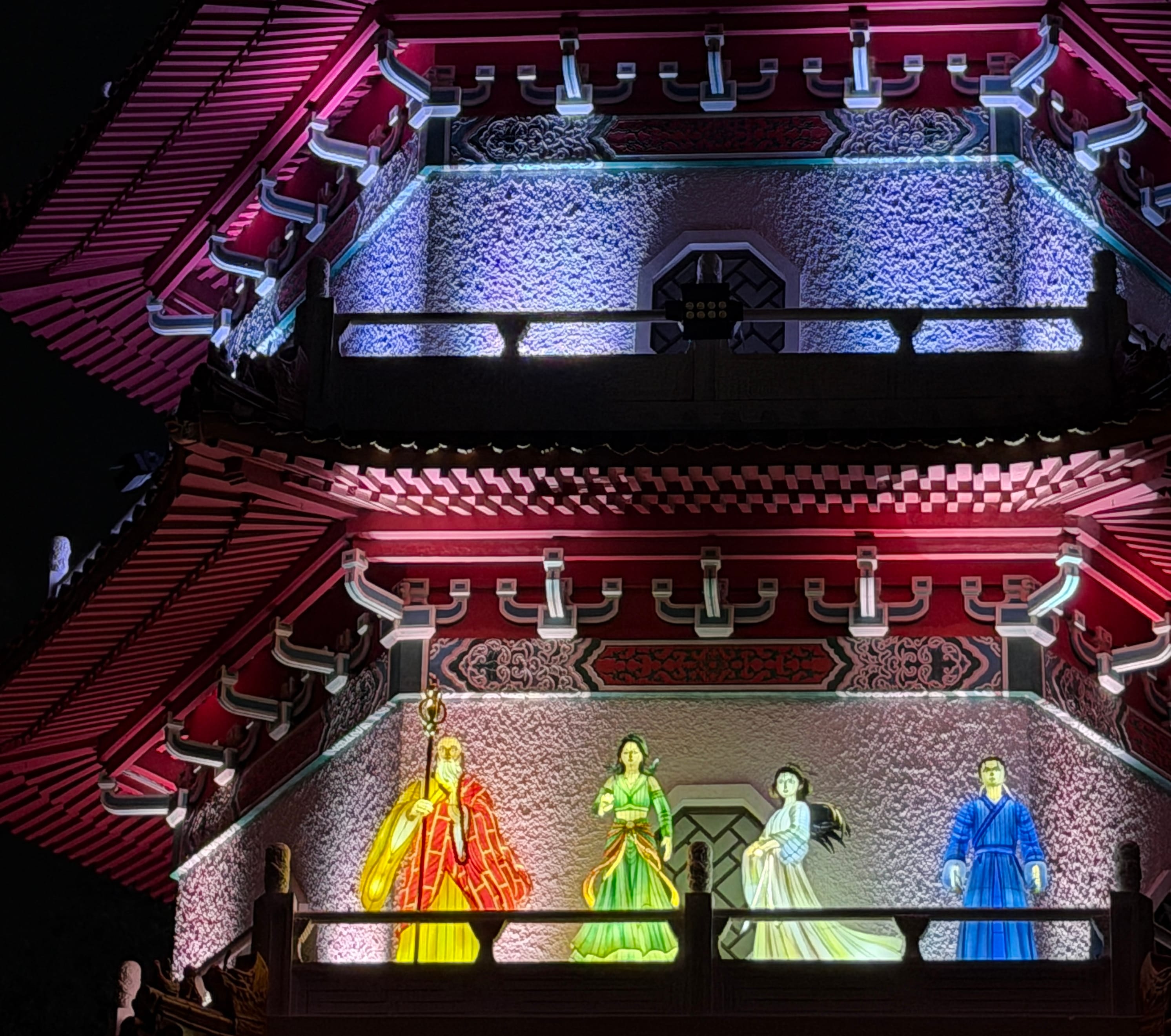 lantern display of Bai Suzhen, Xu Xian, Xiao Qing, and Fa Hai reunited at the Cloud Pagoda in Jurong Lake Gardens
